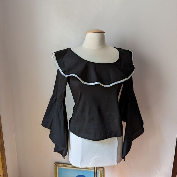 Black Boat Neck Ruffle Top with Bell Sleeves Size S - Picture 2 of 6